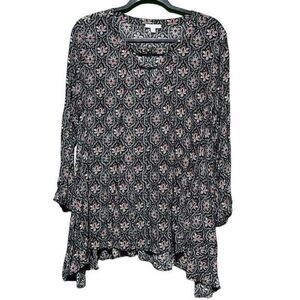 JODIFL Women 3/4 Sleeve Tunic Blouse Top Shark-Bite Hem Pullover Black Orange SM